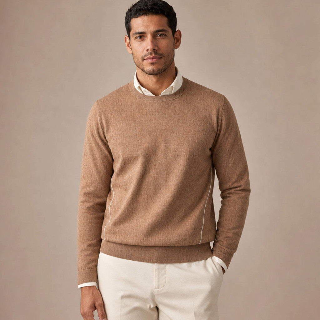 Broderick | Crewneck Jumper Contrast Piping in Camel – Premium Editorial