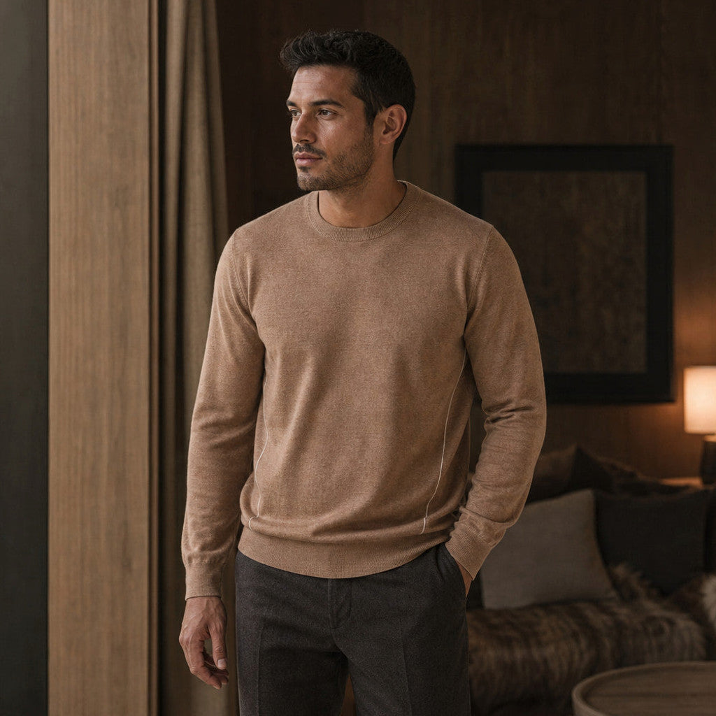 Broderick | Crewneck Jumper Contrast Piping Camel – Styled Editorial Shot