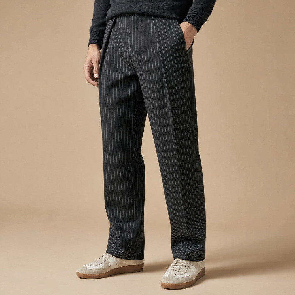 Brodox | Pinstripe Trousers Wide Leg Black Black – Side Angle View