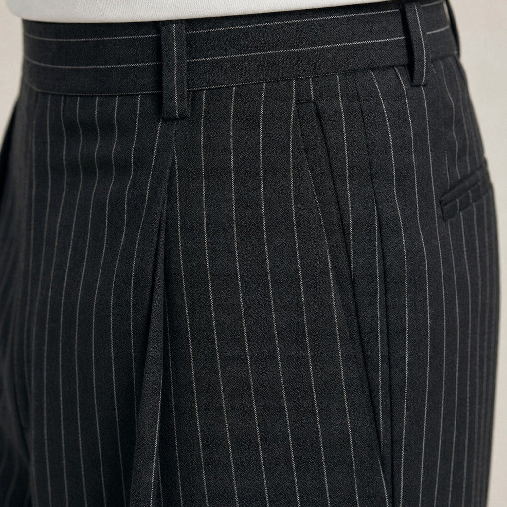 Brodox | Pinstripe Trousers Wide Leg Black Black – Fabric and Detail Close-Up