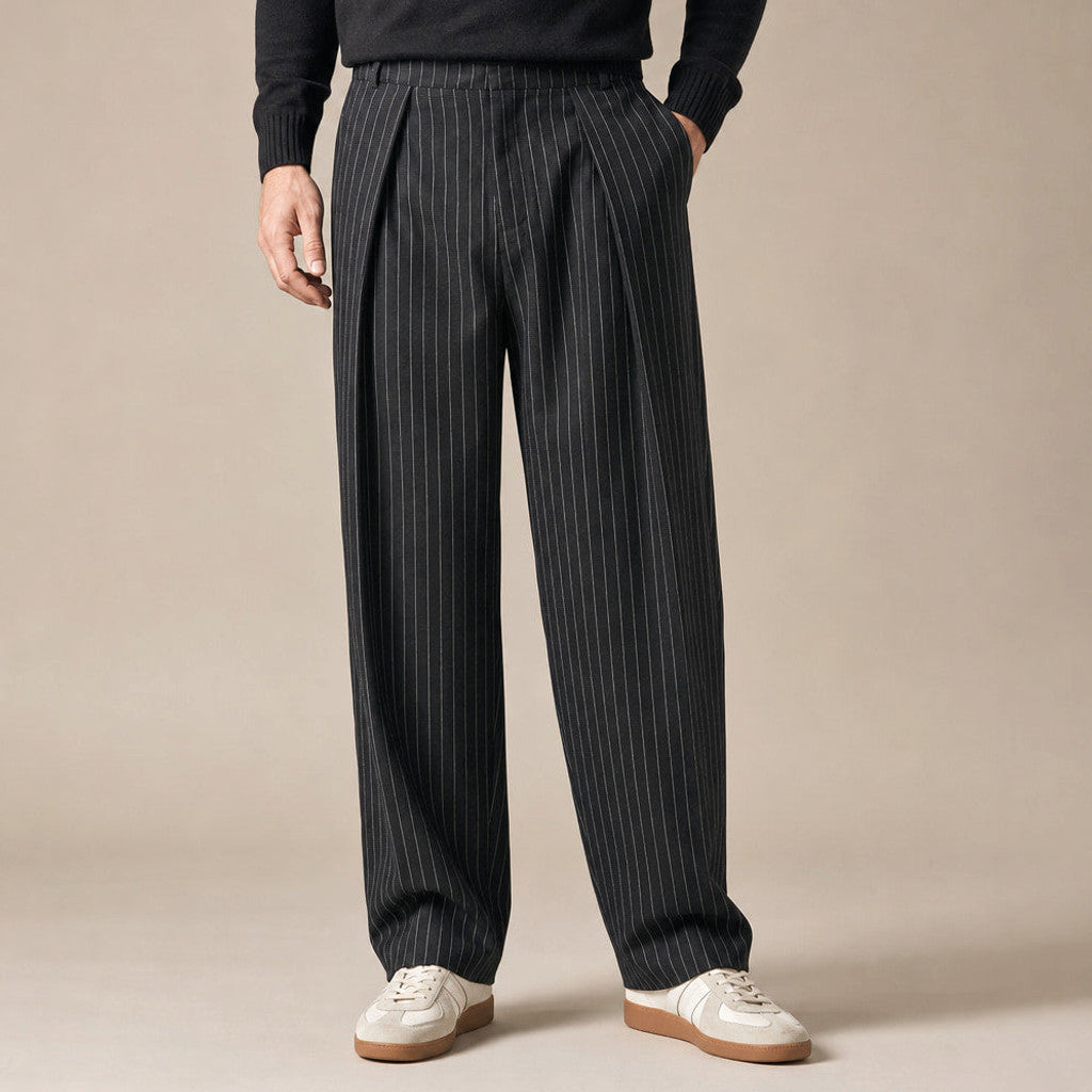 Brodox | Pinstripe Trousers Wide Leg Black in Black – Premium Editorial