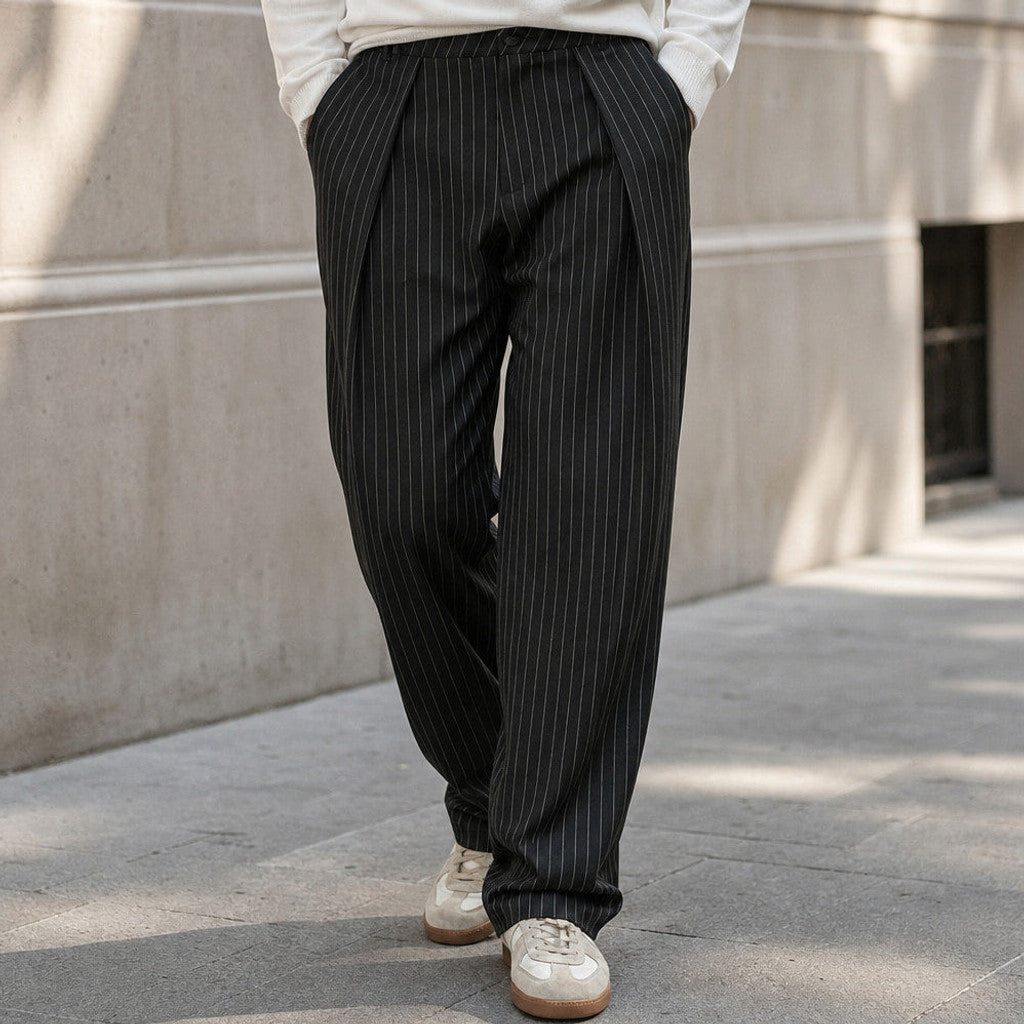 Brodox | Pinstripe Trousers Wide Leg Black Black – Styled Editorial Shot