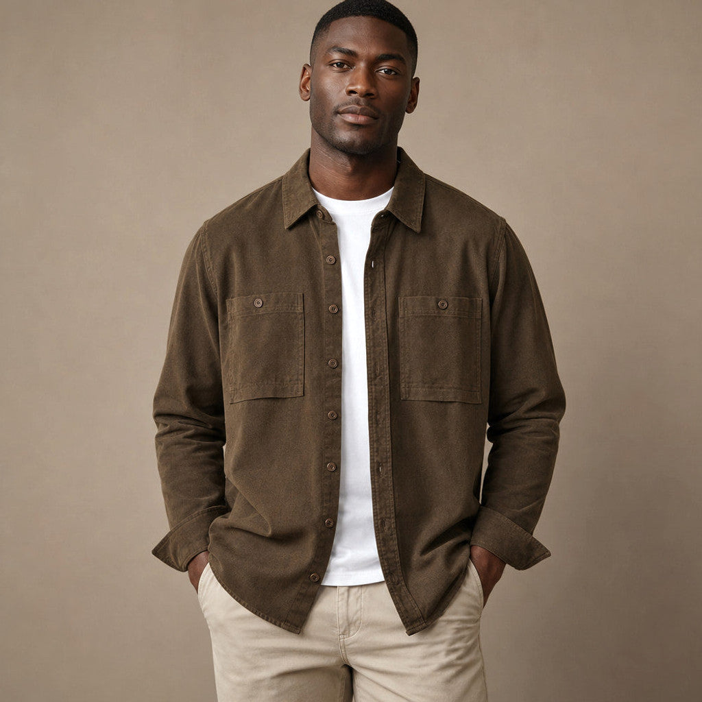 Bromley | Overshirt Washed Cotton Double Chest Pocket Espresso – Product Photo