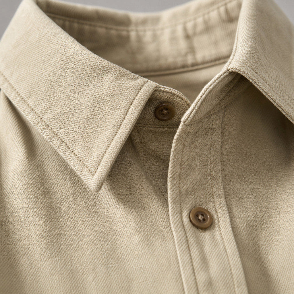 Bromley | Overshirt Washed Cotton Double Chest Pocket Sandstone – Fabric and Detail Close-Up