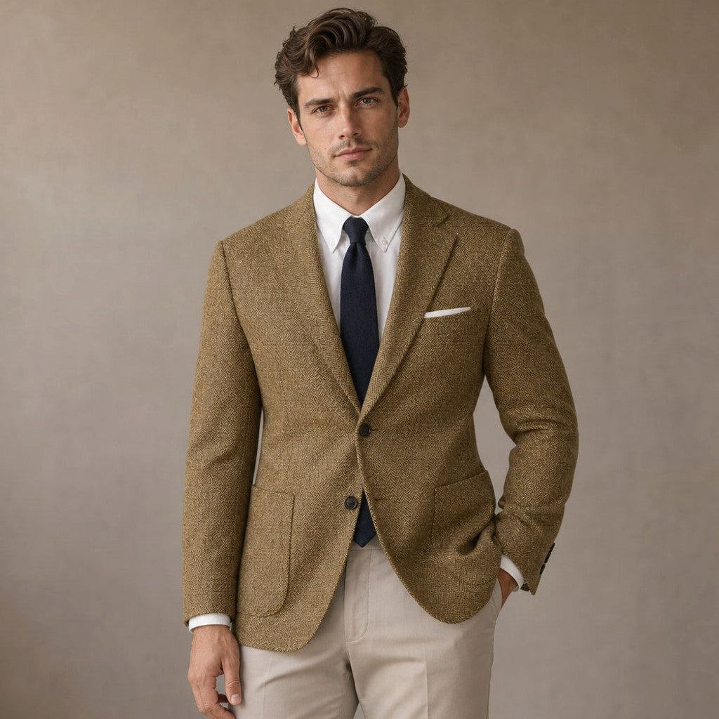 Bronor | Herringbone Blazer Regular Fit in Khaki – Premium Editorial