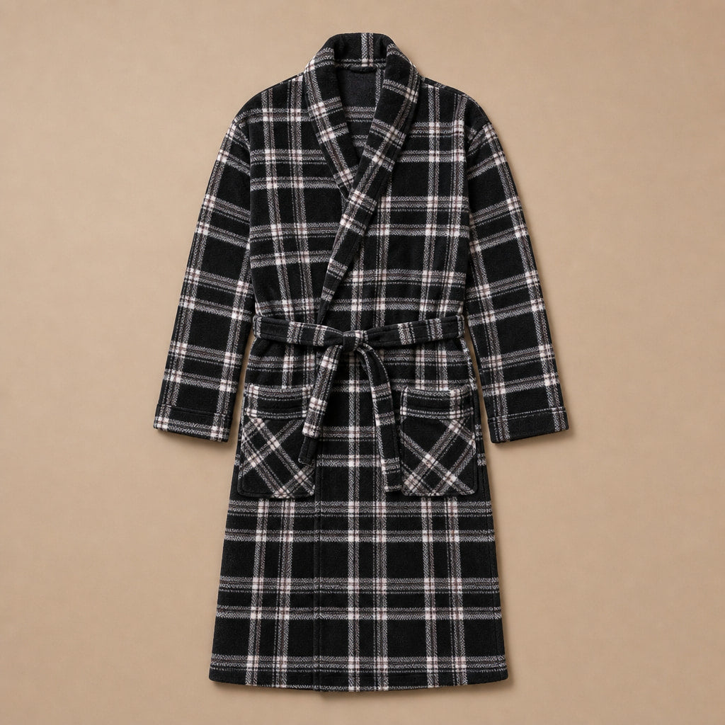 Checked Fleece Dressing Gown Shawl Collar Black – Product Photo