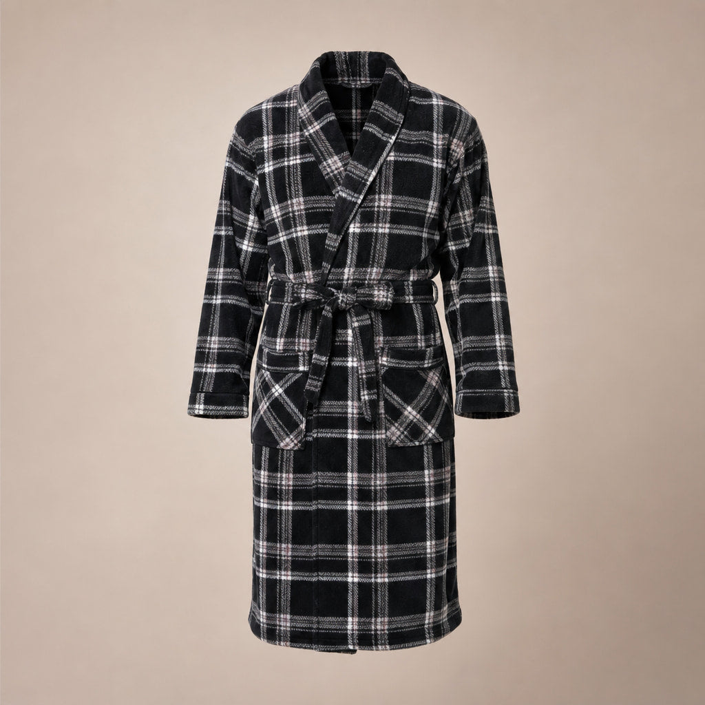 Checked Fleece Dressing Gown Shawl Collar in Black – Tomosino Premium Menswear