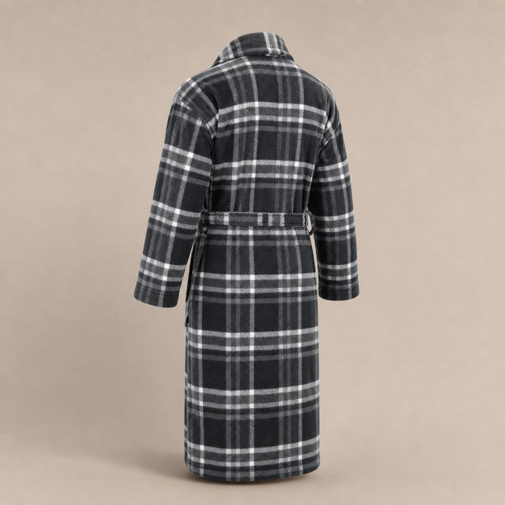 Checked Fleece Dressing Gown Shawl Collar Grey – Side Angle View