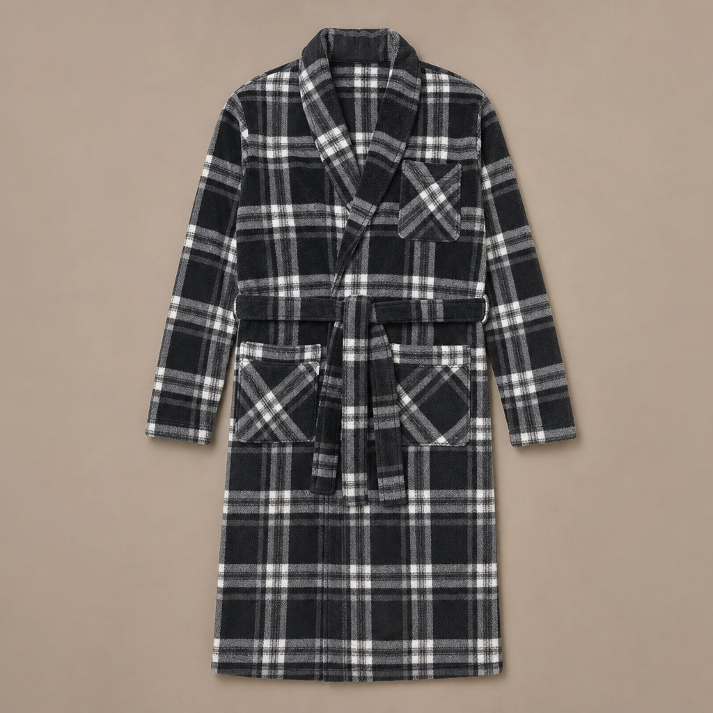 Checked Fleece Dressing Gown Shawl Collar Grey – Product Photo
