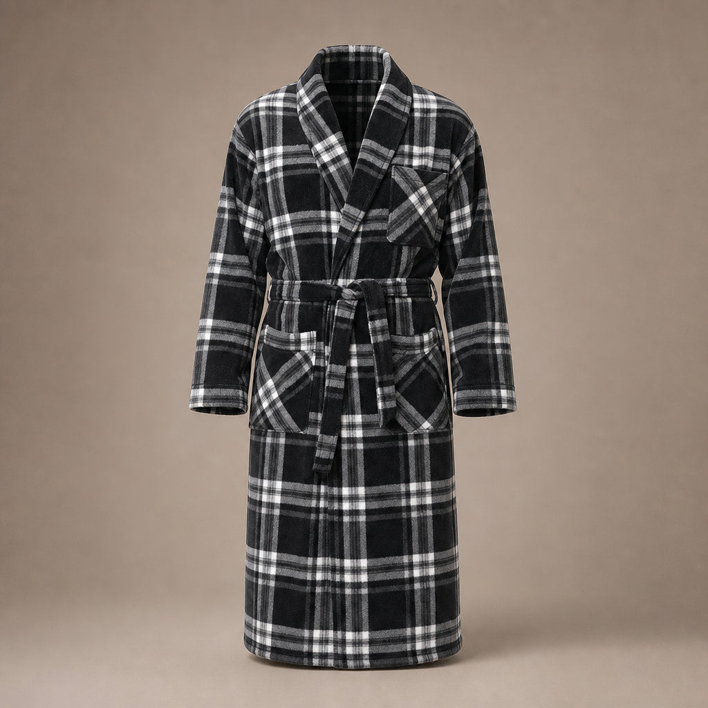 Checked Fleece Dressing Gown Shawl Collar in Grey – Tomosino Premium Menswear