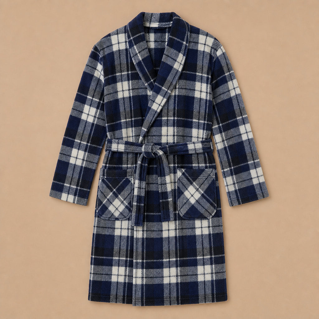 Checked Fleece Dressing Gown Shawl Collar Navy – Product Photo
