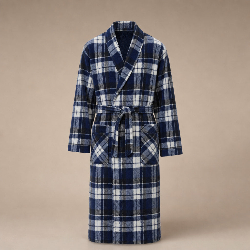 Checked Fleece Dressing Gown Shawl Collar in Navy – Tomosino Premium Menswear