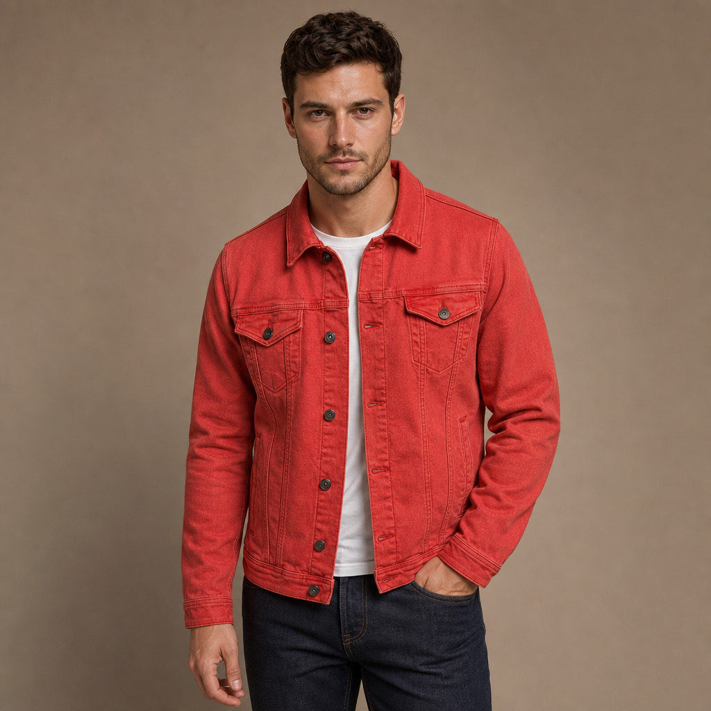 Dark Denim Jacket Casual Fit in Red – Tomosino Premium Menswear