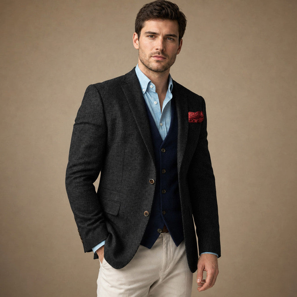Brudex | Herringbone Blazer Tailored Fit Black – Side Angle View