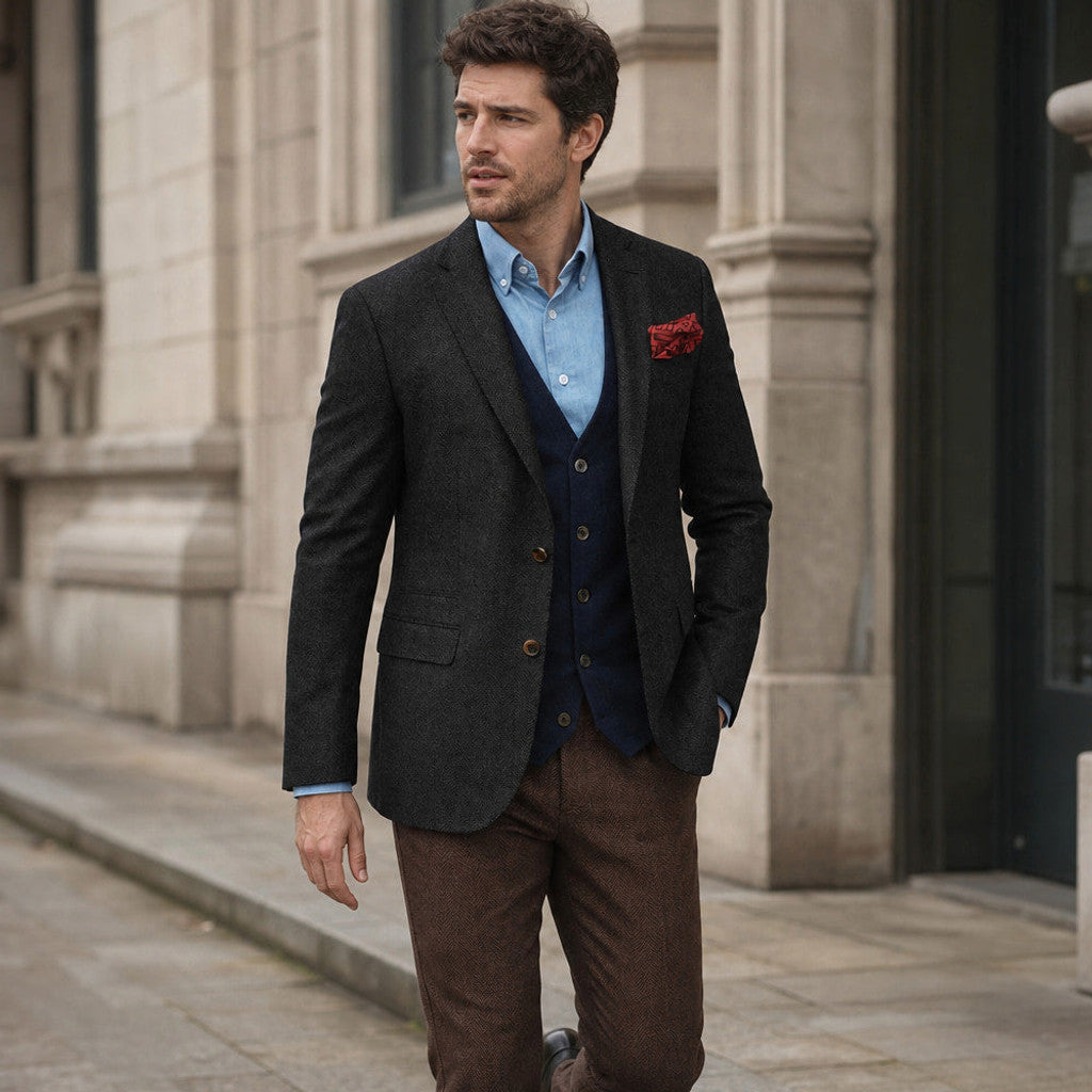 Brudex | Herringbone Blazer Tailored Fit Black – Styled Editorial Shot