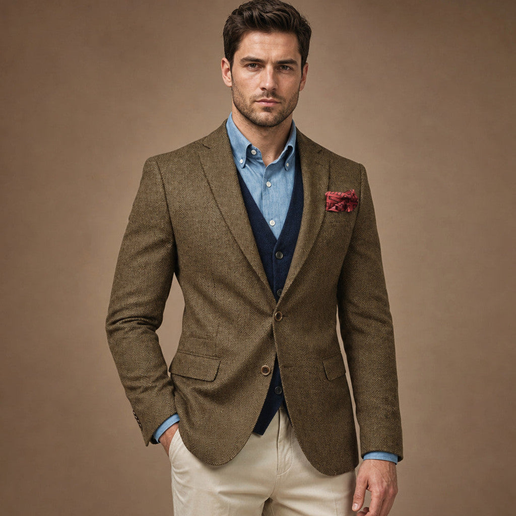 Brudex | Herringbone Blazer Tailored Fit in Khaki – Premium Editorial