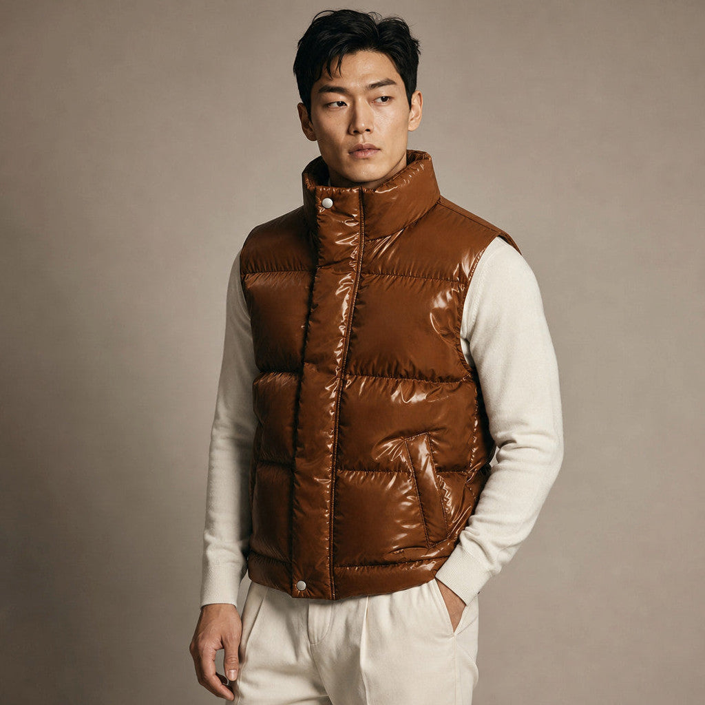 Brudox | Quilted Puffer Vest High Collar Brown – Side Angle View