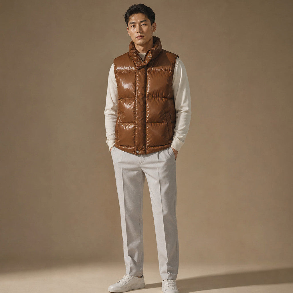 Brudox | Quilted Puffer Vest High Collar Brown – Full Look