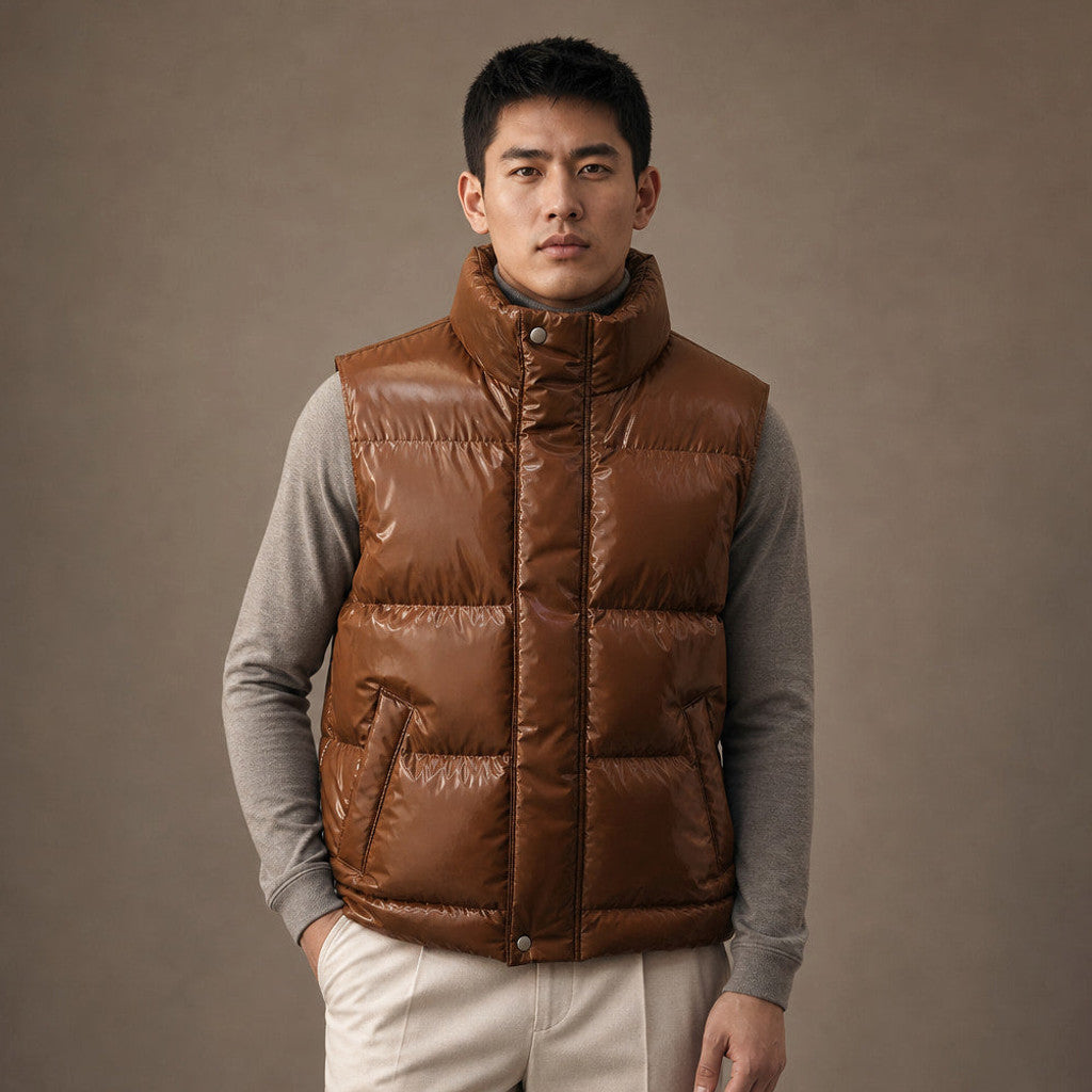 Brudox | Quilted Puffer Vest High Collar in Brown – Premium Editorial