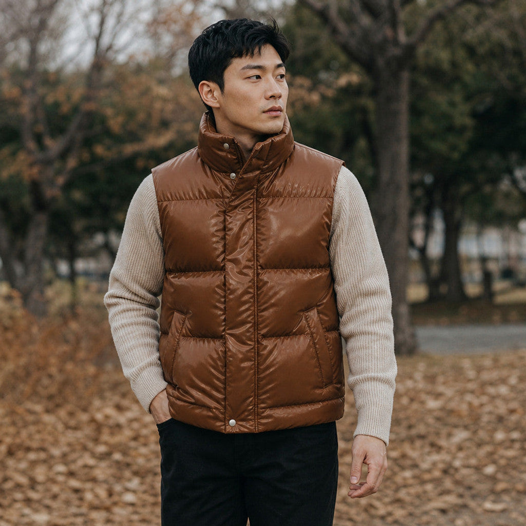 Brudox | Quilted Puffer Vest High Collar Brown – Styled Editorial Shot