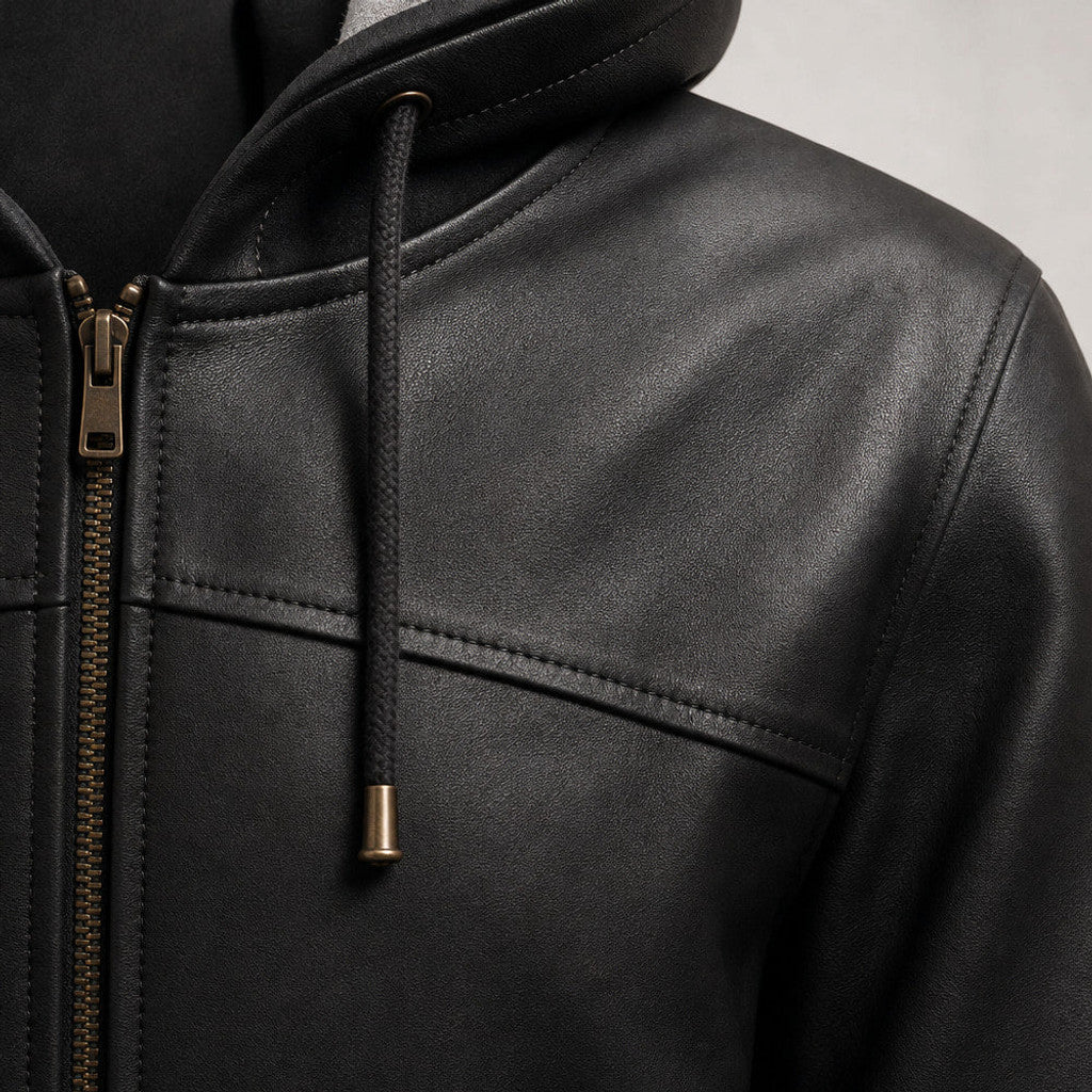Brukon | Bomber Jacket Hooded Leather Black Black – Fabric and Detail Close-Up