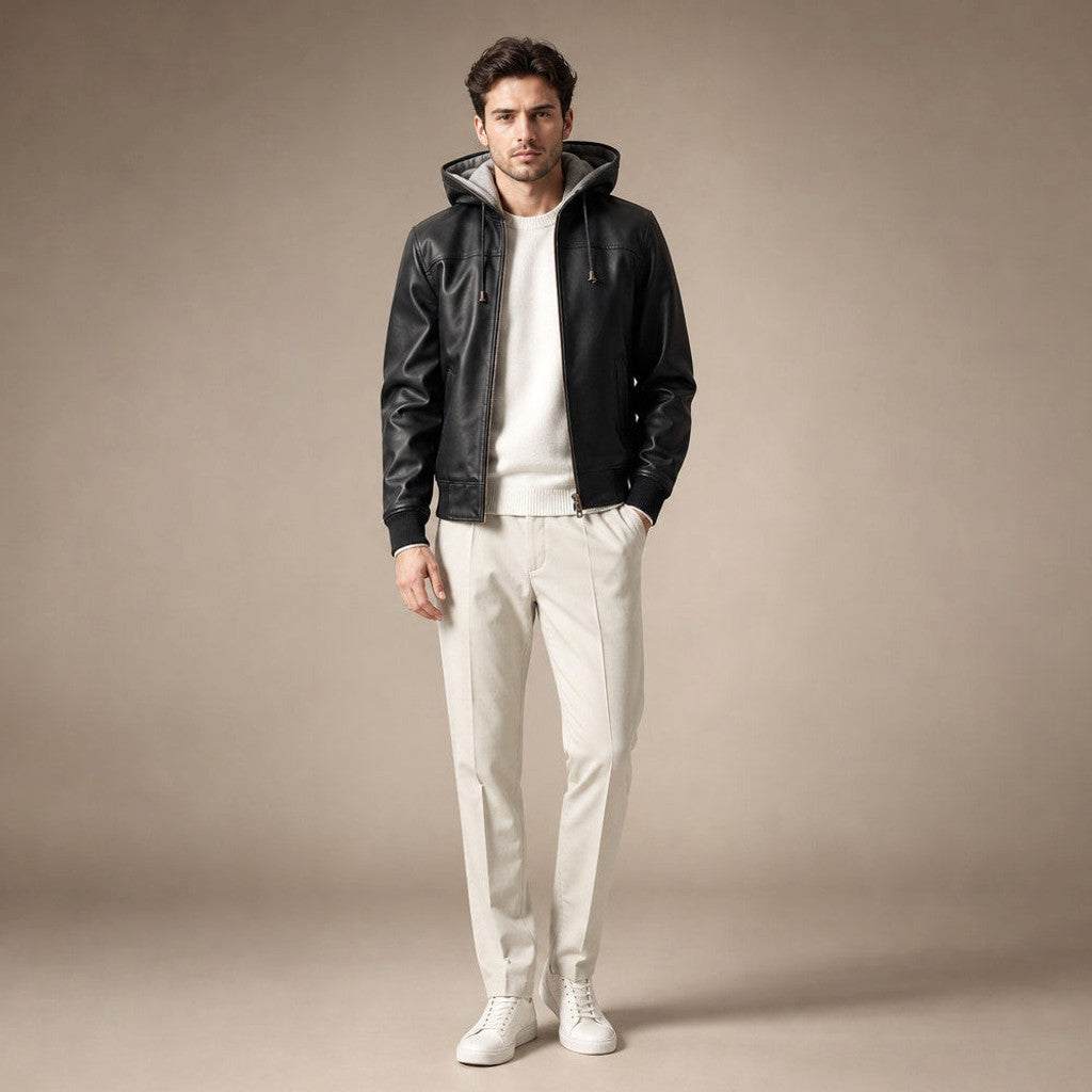 Brukon | Bomber Jacket Hooded Leather Black Black – Full Look