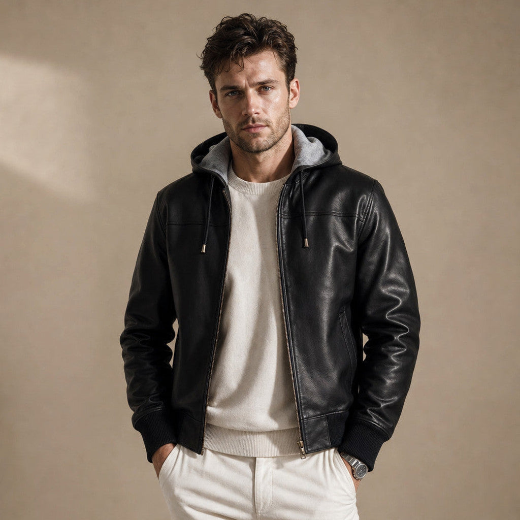 Brukon | Bomber Jacket Hooded Leather Black Black – Product Photo