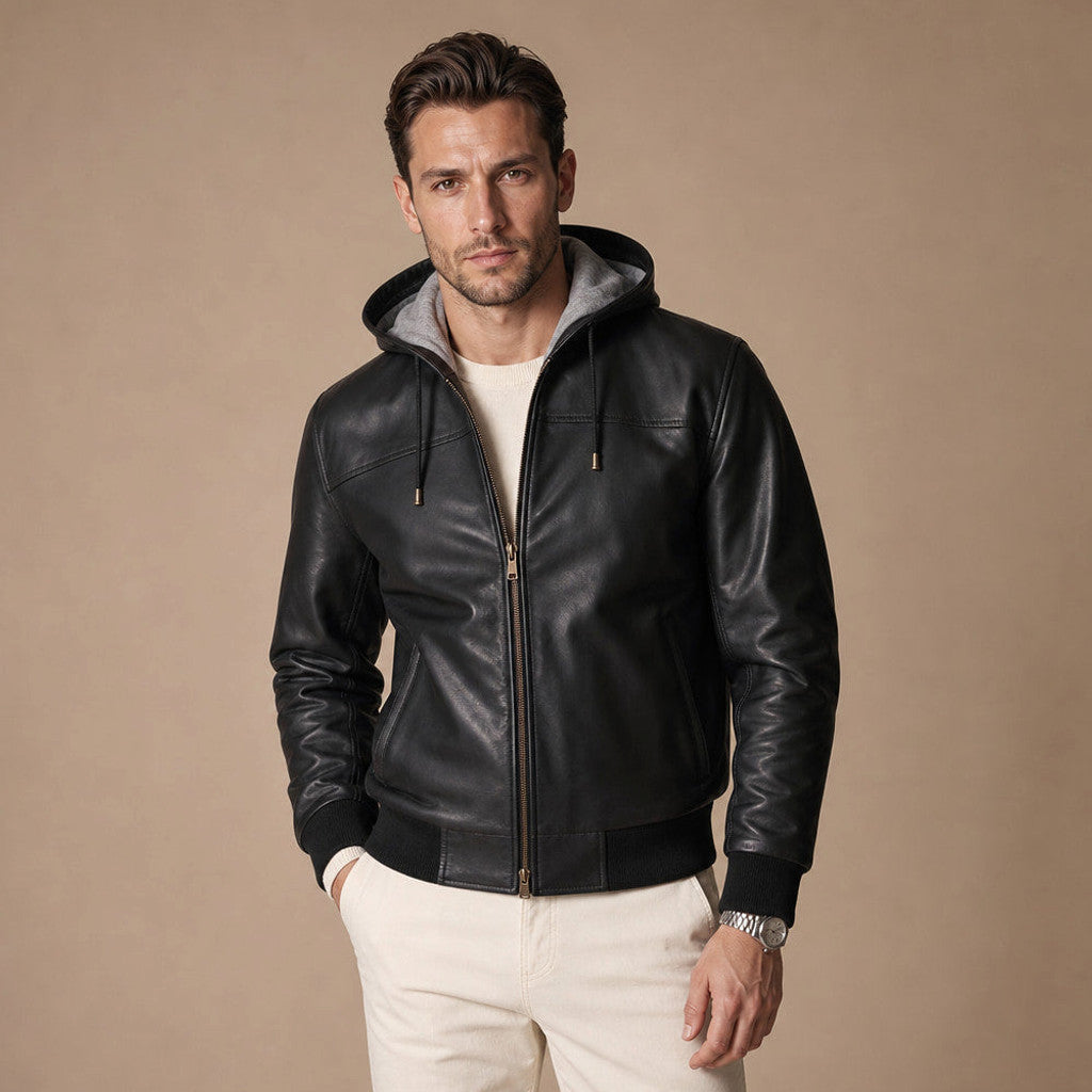 Brukon | Bomber Jacket Hooded Leather Black in Black – Premium Editorial