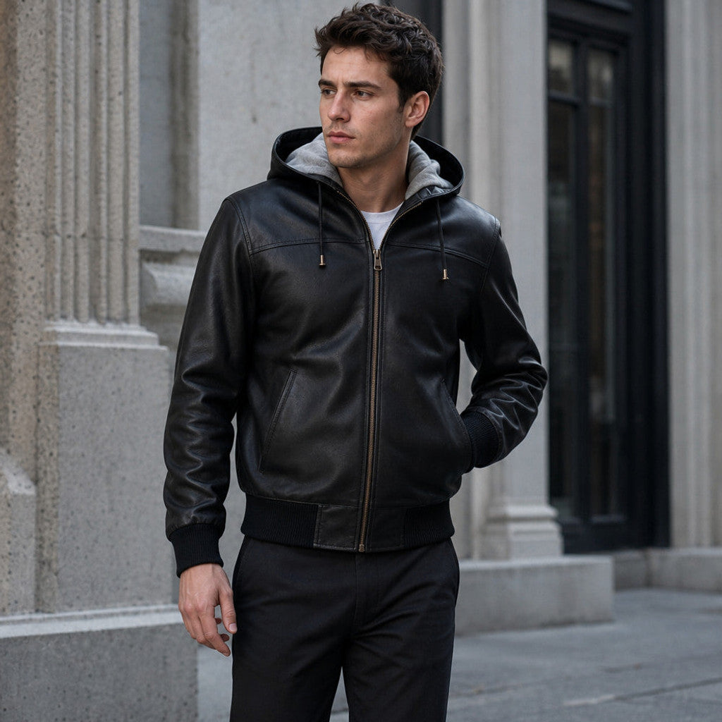 Brukon | Bomber Jacket Hooded Leather Black Black – Styled Editorial Shot