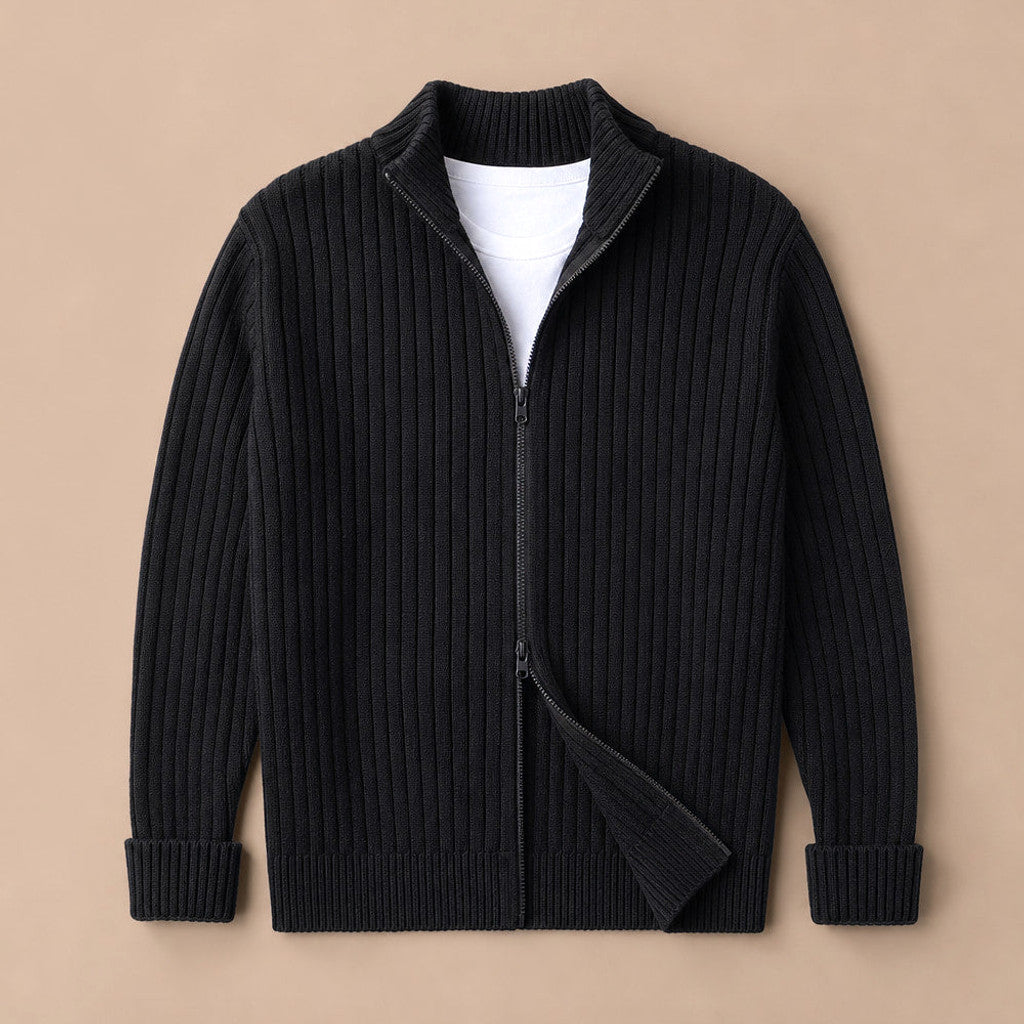 Brusor | Full Zip Knit Sweater Ribbed Stand Collar Black – Product Photo