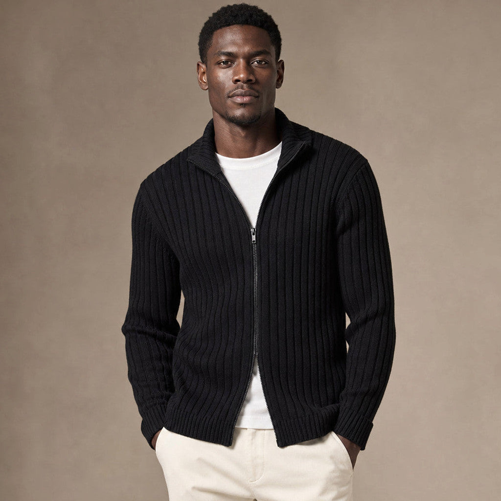 Brusor | Full Zip Knit Sweater Ribbed Stand Collar in Black – Premium Editorial