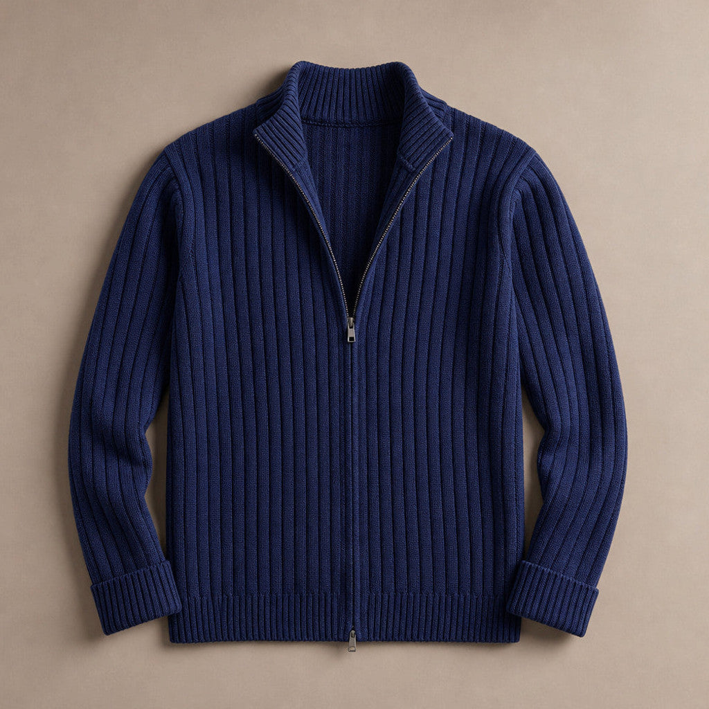 Brusor | Full Zip Knit Sweater Ribbed Stand Collar Blue – Product Photo