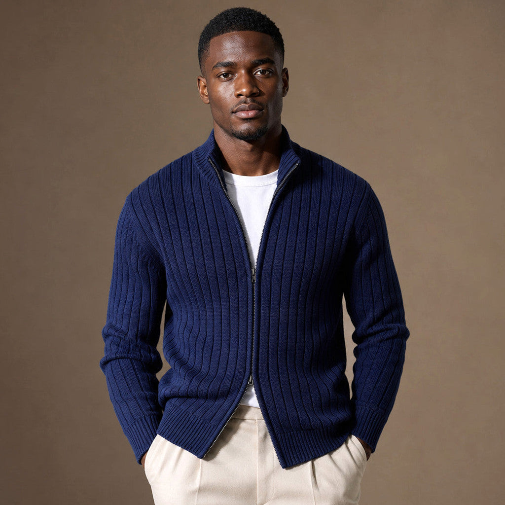 Brusor | Full Zip Knit Sweater Ribbed Stand Collar in Blue – Premium Editorial