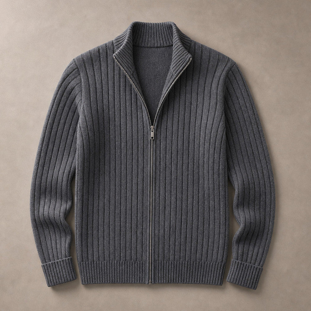 Brusor | Full Zip Knit Sweater Ribbed Stand Collar Dark gray – Product Photo