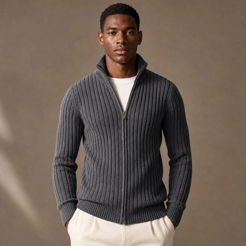 Brusor | Full Zip Knit Sweater Ribbed Stand Collar in Dark gray – Premium Editorial