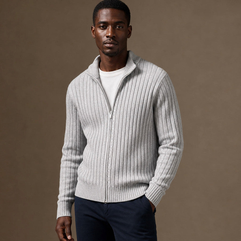 Brusor | Full Zip Knit Sweater Ribbed Stand Collar Light gray – Side Angle View