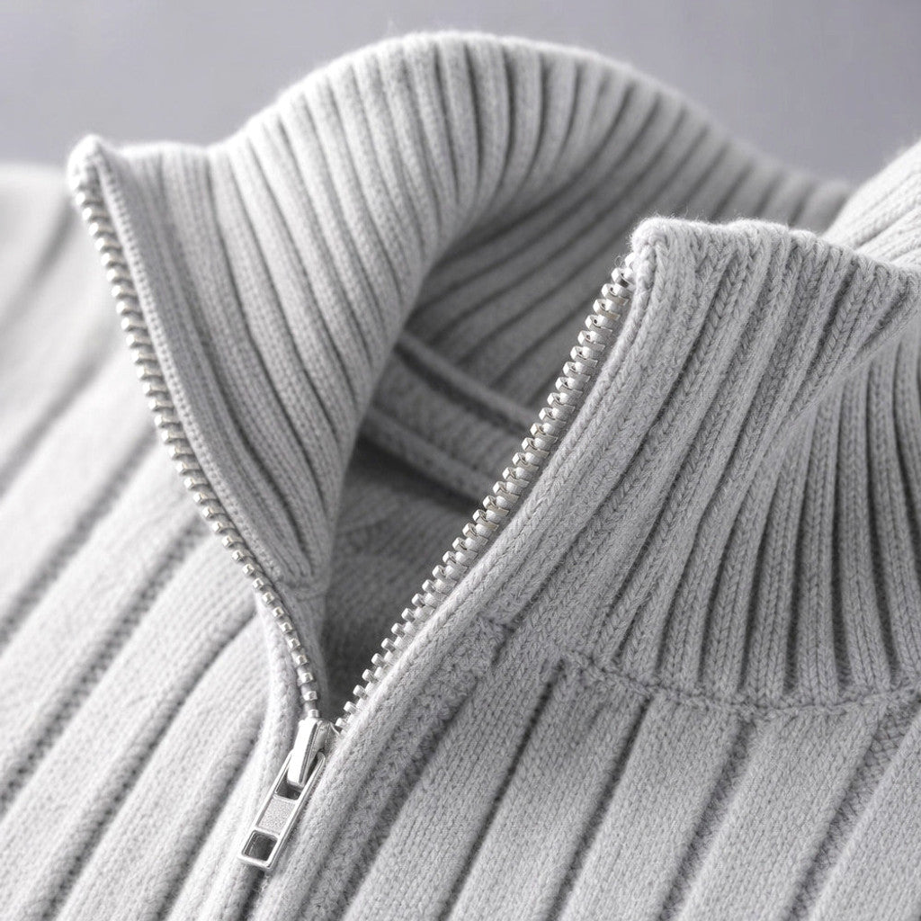 Brusor | Full Zip Knit Sweater Ribbed Stand Collar Light gray – Fabric and Detail Close-Up