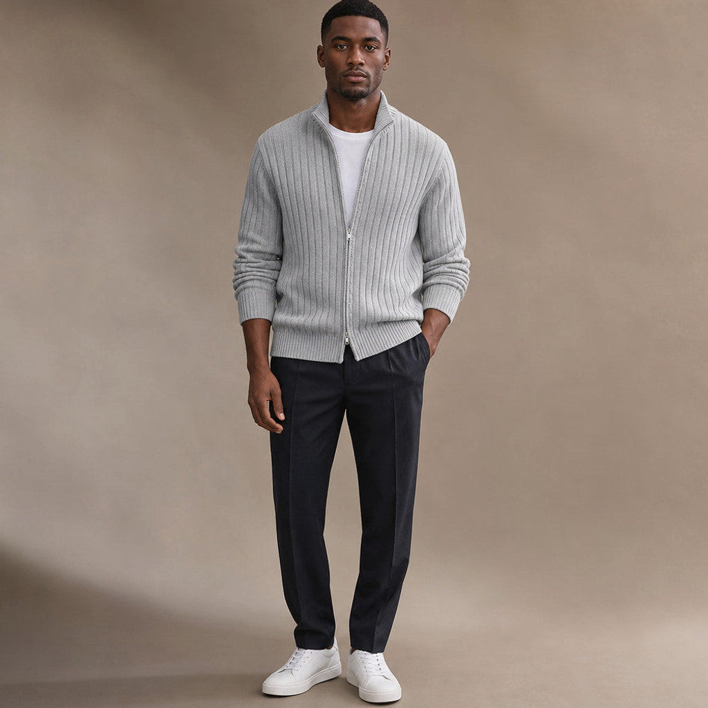 Brusor | Full Zip Knit Sweater Ribbed Stand Collar Light gray – Full Look