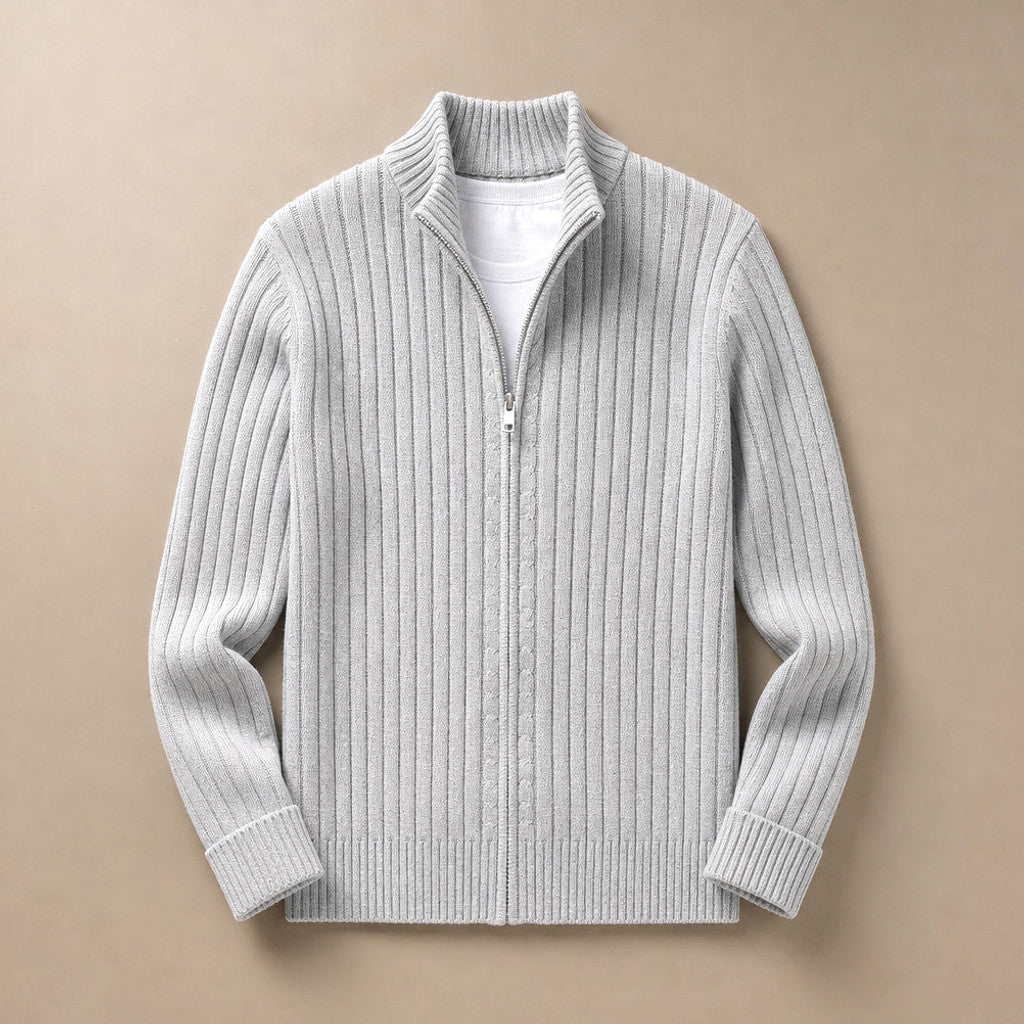 Brusor | Full Zip Knit Sweater Ribbed Stand Collar Light gray – Product Photo