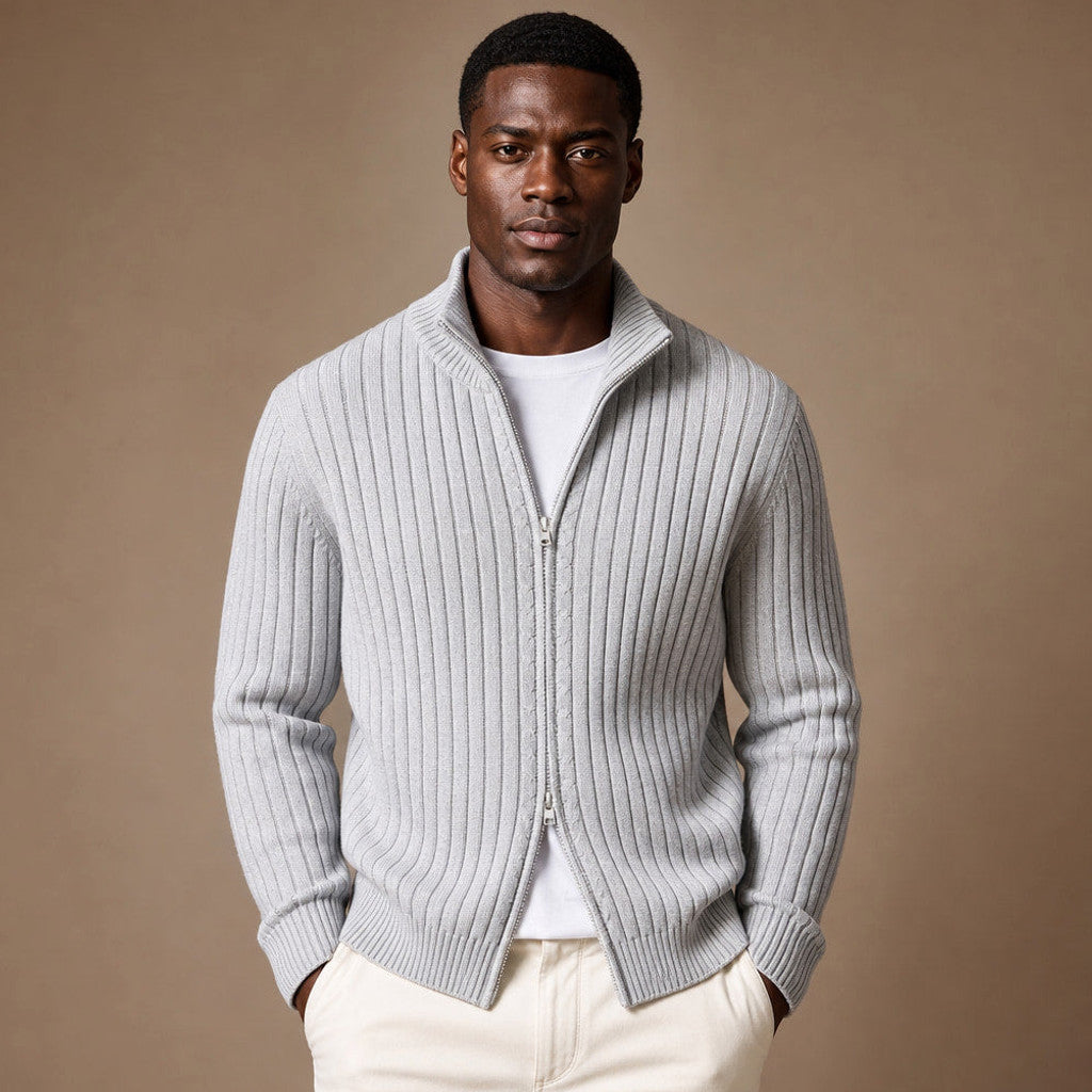 Brusor | Full Zip Knit Sweater Ribbed Stand Collar in Light gray – Premium Editorial