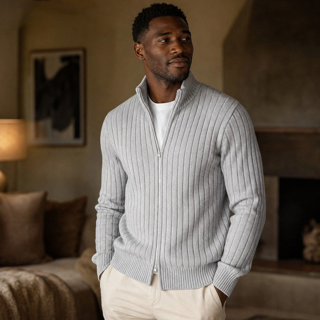 Brusor | Full Zip Knit Sweater Ribbed Stand Collar Light gray – Styled Editorial Shot