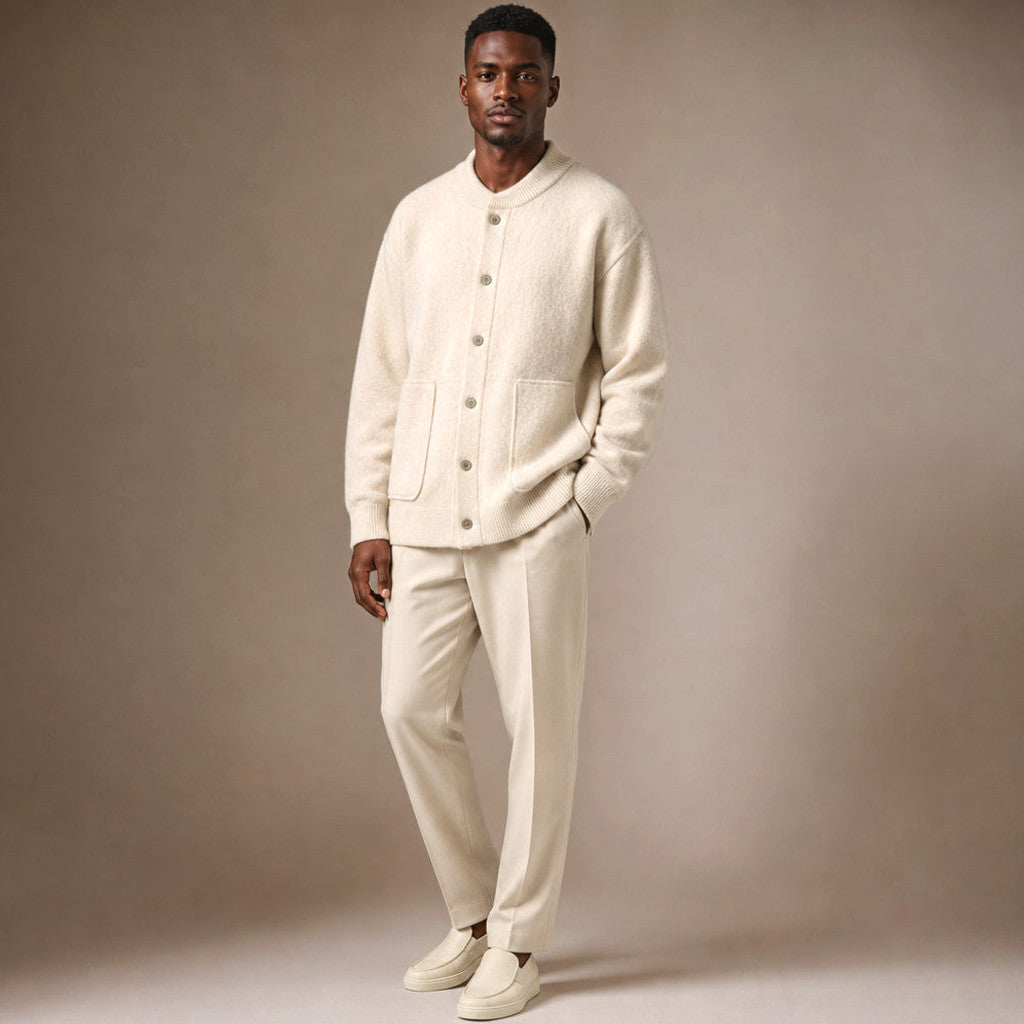 Bruton | Cable Knit Cardigan Brushed Wool Ivory – Side Angle View