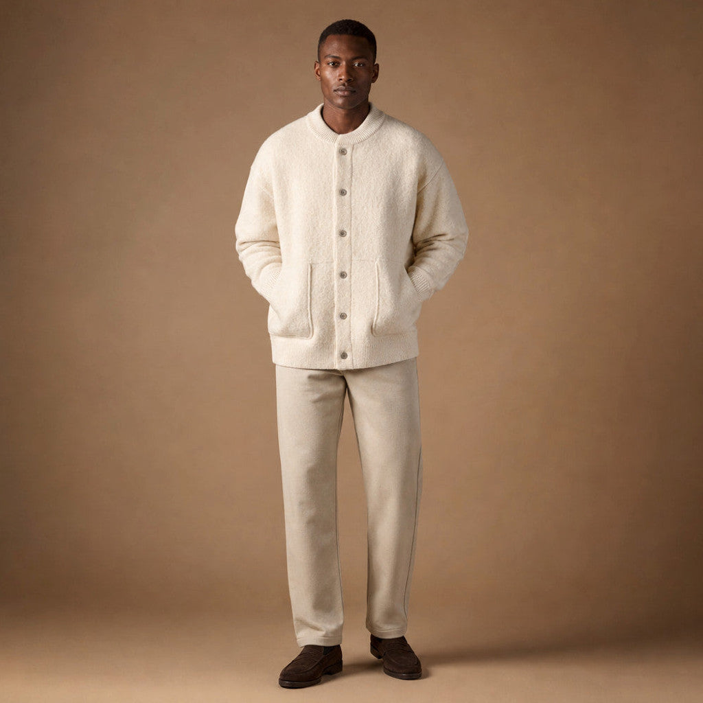 Bruton | Cable Knit Cardigan Brushed Wool Ivory – Full Look
