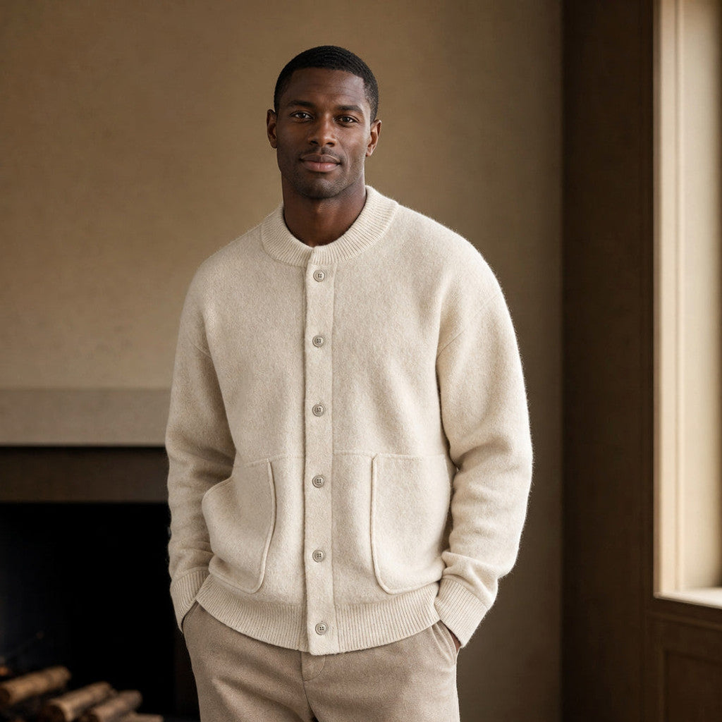 Bruton | Cable Knit Cardigan Brushed Wool Ivory – Styled Editorial Shot