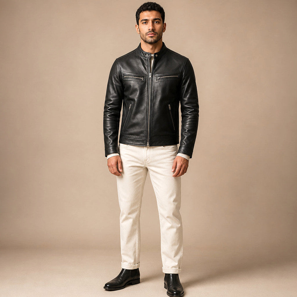 Bulden | Leather Jacket Zip Front Snap Collar in Black – Premium Editorial