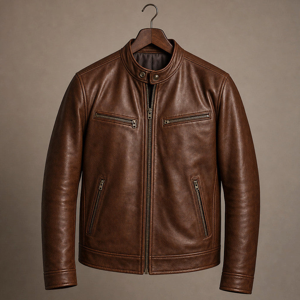 Bulden | Leather Jacket Zip Front Snap Collar Brown – Product Photo