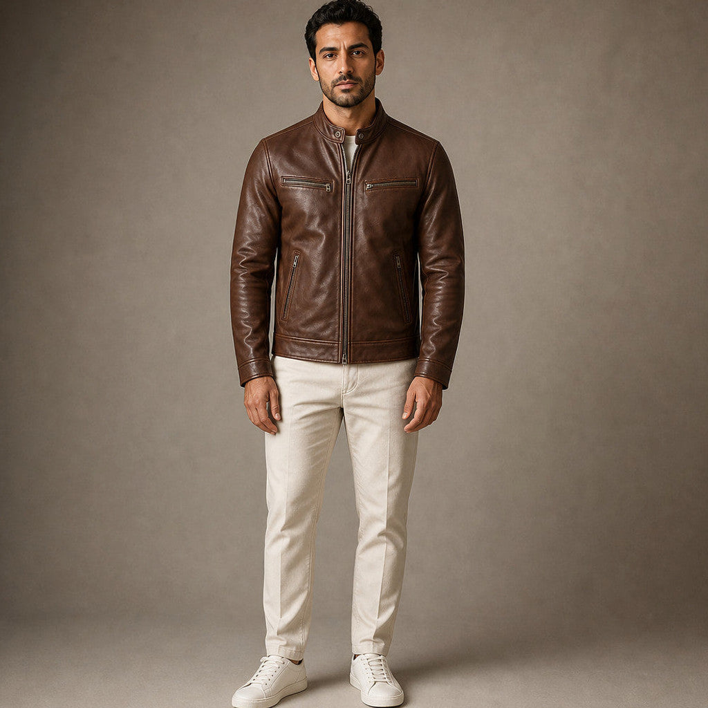 Bulden | Leather Jacket Zip Front Snap Collar in Brown – Premium Editorial