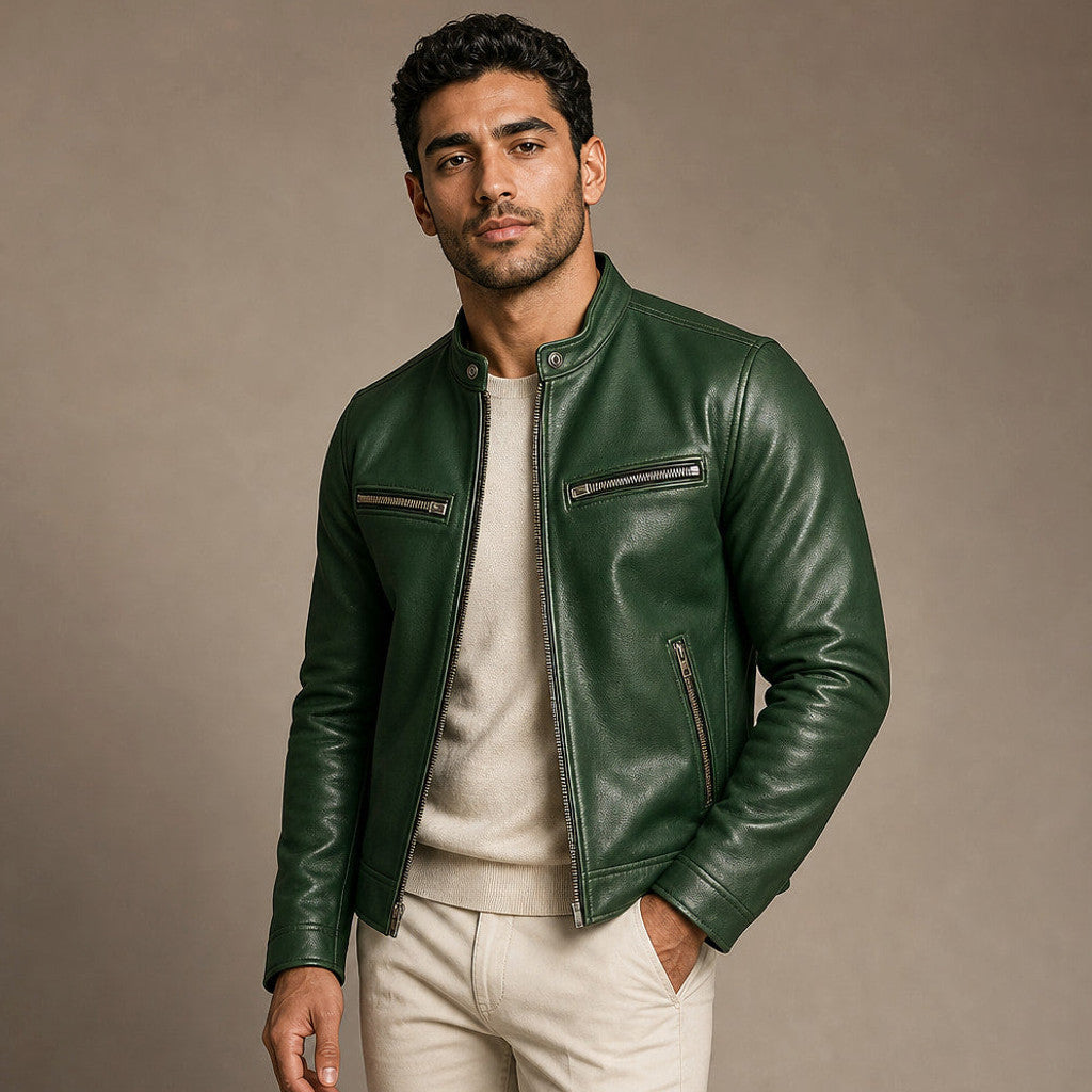 Bulden | Leather Jacket Zip Front Snap Collar Green – Side Angle View