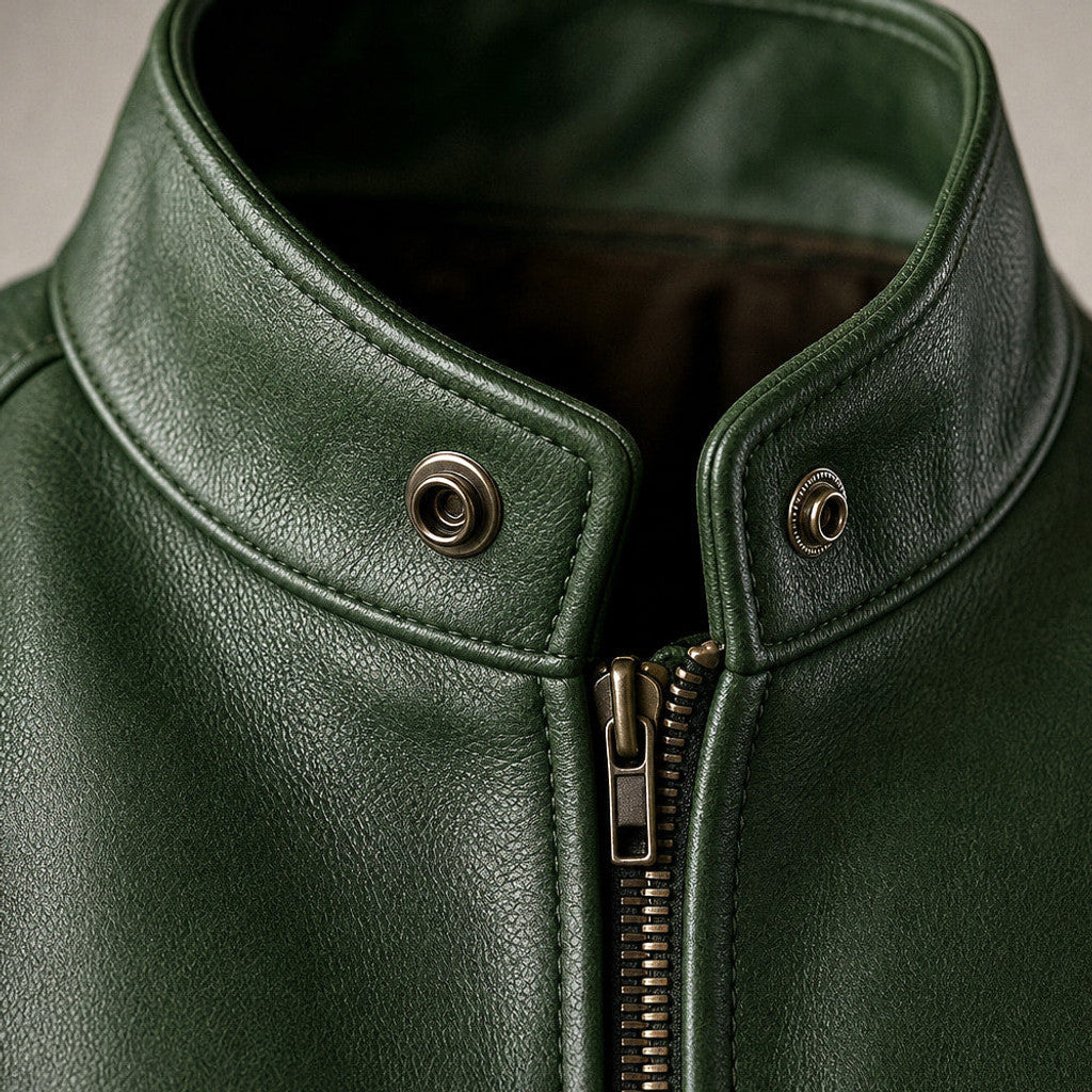 Bulden | Leather Jacket Zip Front Snap Collar Green – Fabric and Detail Close-Up