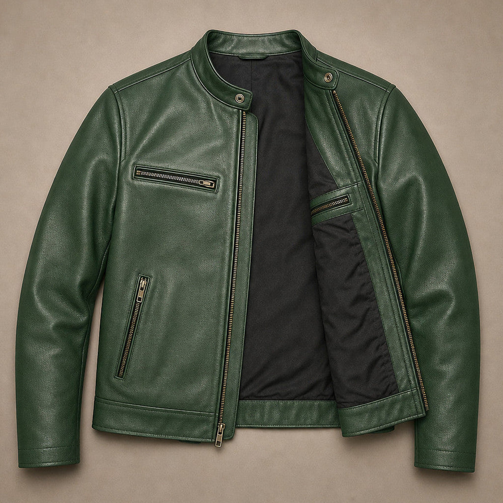 Bulden | Leather Jacket Zip Front Snap Collar Green – Flat Lay Product Photo